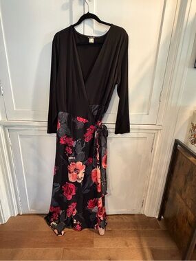 VENUS Black Maxi Wrap Dress with Red & Pink Floral Print